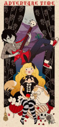 Rule 34 | 1boy, 1girl, adventure time, alternate costume, animal ears, apple, bass guitar, blonde hair, breasts, cake (adventure time), cartoon network, cat, colored skin, copyright name, fionna campbell, food, fruit, genderswap, genderswap (mtf), gothic lolita, grey skin, hiyori chisha, instrument, large breasts, lolita fashion, long hair, marshall lee, rabbit ears, short hair, striped clothes, striped thighhighs, thighhighs