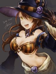 Rule 34 | 10s, 1girl, 2016, :d, beatrix (granblue fantasy), breasts, brown gloves, brown hair, cleavage, dated, gloves, granblue fantasy, green eyes, halloween, hat, highres, long hair, looking at viewer, mephisto (angraecum), midriff, open mouth, signature, smile, solo, witch hat