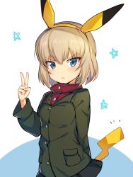 Rule 34 | &gt;:(, 10s, 1girl, ^^^, animal ears, arm behind back, black skirt, blonde hair, blue eyes, breasts, buttons, closed mouth, cosplay, creatures (company), fake animal ears, fake tail, frown, game freak, gen 1 pokemon, girls und panzer, green jacket, hair between eyes, hairband, icomochi, jacket, katyusha (girls und panzer), long sleeves, looking at viewer, miniskirt, nintendo, parody, pikachu, pikachu (cosplay), pikachu ears, pikachu tail, pleated skirt, pocket, pokemon, pokemon ears, pokemon tail, red shirt, shirt, short hair, skirt, small breasts, solo, star (symbol), tail, upper body, v, v-shaped eyebrows, white background