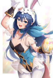Rule 34 | 1girl, absurdres, animal hat, arm up, blue eyes, blue hair, blue leotard, breasts, crest, easter egg, egg, fake tail, family crest, fire emblem, fire emblem awakening, fire emblem heroes, frilled leotard, frills, gloves, gonzarez, hat, highres, holding, holding egg, leotard, long hair, looking at viewer, lucina (fire emblem), lucina (spring) (fire emblem), nintendo, official alternate costume, pantyhose, playboy bunny, rabbit hat, rabbit tail, see-through, small breasts, smile, solo, tail, thigh gap, waist cape, watermark, white gloves, white pantyhose