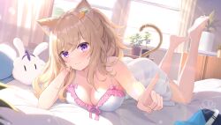 Rule 34 | 1girl, animal ears, bare shoulders, barefoot, bedroom, blonde hair, blush, bow, breasts, cat ears, cat tail, cleavage, curtains, feet, feet up, frilled nightgown, hair ornament, hairclip, highres, large breasts, legs, long hair, nightgown, on bed, otter paw (otter696969), pink bow, pink nightgown, plant, pointing, potted plant, purple eyes, soles, solo, stuffed animal, stuffed rabbit, stuffed toy, sunlight, tail, toes, virtual youtuber, white nightgown, window