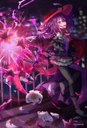 Rule 34 | 1girl, :d, cape, flower, hat, highres, holding, holding weapon, magia record: mahou shoujo madoka magica gaiden, magical girl, mahou shoujo madoka magica, open mouth, outdoors, purple eyes, purple hair, sarasa hanna, smile, solo, totte, weapon
