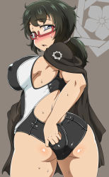 Rule 34 | 10s, 1girl, :&lt;, adjusting clothes, adjusting swimsuit, ass, blue eyes, blush, breasts, cape, competition swimsuit, covered erect nipples, female focus, full-face blush, girls und panzer, glasses, green hair, highres, kani club, large breasts, long hair, looking at viewer, looking back, messy hair, one-piece swimsuit, oryou (girls und panzer), parted lips, ponytail, red-framed eyewear, solo, sweat, swimsuit, thighs, triangle mouth, wedgie