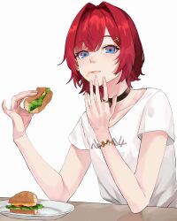 Rule 34 | 1girl, absurdres, ange katrina, blue eyes, bracelet, choker, closed mouth, eating, elbow rest, flat chest, food, food on face, hair intakes, hair ornament, hairclip, highres, holding, holding food, jewelry, licking lips, looking at viewer, nijisanji, plate, red hair, ring, sandwich, shirt, short hair, short sleeves, solo, table, takamiya2222, tongue, tongue out, upper body, virtual youtuber, white shirt