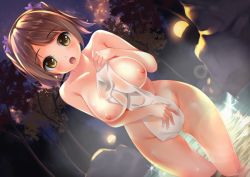Rule 34 | 1girl, bad id, bad pixiv id, blush, breasts, brown hair, covering privates, dutch angle, hair ribbon, large breasts, lens flare, looking at viewer, naked towel, neko neko koneko, nipples, nude, nude cover, onsen, open mouth, original, outdoors, ribbon, solo, standing, towel, tree, wading, water, wet, yellow eyes