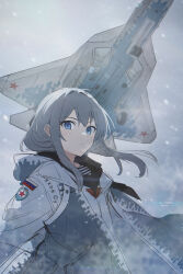 Rule 34 | 1girl, aircraft, airplane, blue eyes, camouflage, camouflage jacket, closed mouth, commentary request, digital camouflage, fighter jet, grey hair, highres, its, jacket, jet, layered clothes, looking at viewer, medium hair, military, military vehicle, open clothes, open jacket, original, patch, personification, red star, russia, russian flag, russian text, shirt, shoulder patch, sketch, snowing, solo, star (symbol), striped clothes, striped shirt, su-57, upper body