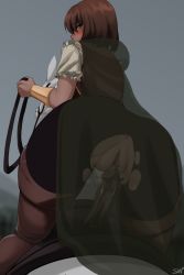 Rule 34 | 1girl, amber (rwby), ass, bike shorts, blush, boots, brown eyes, brown hair, dildo, frilled sleeves, frills, from behind, girl on top, half-closed eyes, horse, horseback riding, imminent penetration, imminent vaginal, looking back, penis, pov, puffy sleeves, pussy, riding, rope, rwby, sex toy, short sleeves, sinccubi, thigh boots, thighhighs, torn bike shorts, torn clothes, uncensored, vambraces