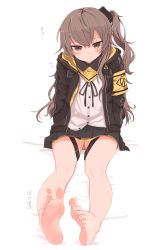 Rule 34 | 1girl, absurdres, arm support, armband, bare legs, barefoot, black skirt, blush, brown eyes, closed mouth, crossed bangs, girls&#039; frontline, grey hair, highres, hood, hooded jacket, jacket, kahlua (artist), long hair, long sleeves, looking at viewer, no shoes, one side up, pleated skirt, scar, scar across eye, scar on face, shirt, sitting, skirt, soles, solo, toes, ump45 (girls&#039; frontline), white shirt