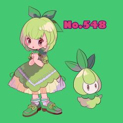 Rule 34 | 1girl, brown eyes, creature and personification, creatures (company), dress, eyes visible through hair, full body, game freak, gen 5 pokemon, green background, green dress, green footwear, green hair, green ribbon, green theme, hair ribbon, highres, leaf, narumame, nintendo, own hands together, personification, petilil, pokedex number, pokemon, pokemon (creature), puffy short sleeves, puffy sleeves, ribbon, shoes, short hair, short sleeves, simple background, standing