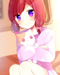 Rule 34 | 10s, 1girl, :&lt;, alternate hairstyle, bad id, bad pixiv id, bow, button eyes, buttons, hair bow, highres, looking at viewer, love live!, love live! school idol festival, love live! school idol project, mafuyu (chibi21), nishikino maki, pajamas, purple eyes, red hair, sleeves past wrists, smile, solo, stuffed animal, stuffed cat, stuffed toy, twintails