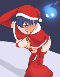 Rule 34 | 1girl, absurdres, arm behind head, bent over, bikini, blue eyes, blue hair, blush, breasts, elbow gloves, fur trim, ghost, glaring, gloves, hat, highres, holding, holding sack, large breasts, original, red bikini, red gloves, red thighhighs, sack, santa costume, santa hat, short hair, simple background, solo, sweatdrop, swimsuit, thighhighs, vulcan (ejel2000)