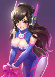 Rule 34 | &gt;:), 1girl, adapted costume, animal print, bare shoulders, bdsm, blue bodysuit, blue gloves, blush, bodysuit, bondage, bound, bound wrists, bow, breasts, brown eyes, brown hair, cleavage, cleavage cutout, closed mouth, clothing cutout, cowboy shot, d.va (overwatch), dodo huang, elbow gloves, eyelashes, facepaint, facial mark, glint, gloves, gradient background, headgear, highres, leaning forward, legs together, long hair, looking at viewer, medium breasts, overwatch, overwatch 1, pink bow, pink lips, rabbit print, sleeveless, solo, standing, v-shaped eyebrows, whisker markings