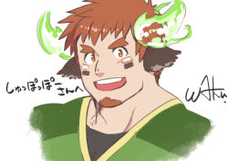 Rule 34 | 1boy, animal ears, brown hair, cropped shoulders, facial hair, fiery horns, forked eyebrows, glowing horns, goatee, horns, looking at viewer, male focus, manly, muscular, rugby uniform, short hair, sketch, smile, solo, sportswear, thick eyebrows, tokyo houkago summoners, wakan tanka, waku (ayamix)