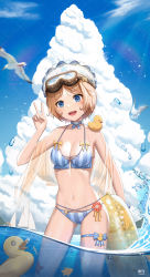 Rule 34 | 1girl, :d, bird, blonde hair, blue eyes, blue sky, bow choker, breasts, choker, cleavage, cloud, cloudy sky, commentary request, facial tattoo, goggles, goggles on head, hat, heart, highres, holding, horizon, identity v, in water, innertube, looking at viewer, medium breasts, midriff, navel, ocean, open mouth, ribbon choker, rubber duck, seagull, short hair, sidelocks, sky, smile, solo, standing, swim ring, tattoo, tracy reznik, v, wading, wet, yuxing yuhang
