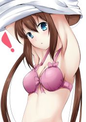 Rule 34 | !, 1girl, armpits, arms up, blue eyes, bow, bra, breasts, brown hair, cleavage, collarbone, creatures (company), front-tie bra, game freak, hair between eyes, highres, ieneko (axfjfal), long hair, nintendo, open mouth, pink bow, pink bra, pokemon, pokemon bw2, rosa (pokemon), sideboob, simple background, small breasts, solo, twintails, underwear, undressing, upper body, very long hair, white background