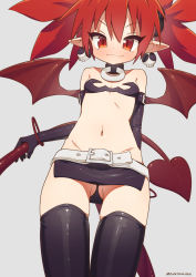 Rule 34 | 1girl, belt, black bra, black gloves, black skirt, black thighhighs, blush, bra, closed mouth, commentary, demon tail, demon wings, disgaea, earrings, elbow gloves, english commentary, etna (disgaea), flat chest, gloves, grey background, highres, jewelry, looking at viewer, microskirt, mixed-language commentary, mountain han, navel, petite, pointy ears, red eyes, red hair, simple background, skirt, skull earrings, slit pupils, smile, solo, spread wings, standing, tail, thighhighs, twintails, underwear, upskirt, white belt, wings