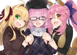 Rule 34 | 3girls, ;d, absurdres, ahoge, alternate costume, animal ears, bad id, bad twitter id, beret, black hat, black shirt, blonde hair, blush, bow, breasts, brown eyes, buttons, casual, eyes visible through hair, fang, fate/grand order, fate (series), fox ears, fox tail, frills, girl sandwich, glasses over hair, green eyes, hair bow, hair intakes, hair over eyes, hair ribbon, hat, highres, holding hands, interlocked fingers, kou mashiro, large breasts, long hair, long sleeves, mash kyrielight, multiple girls, nail polish, nero claudius (fate), nero claudius (fate) (all), nero claudius (fate/extra), one eye closed, open mouth, pink hair, pink nails, ponytail, purple bow, purple eyes, red ribbon, ribbon, round teeth, sandwiched, shirt, signature, simple background, smile, tail, tamamo (fate), tamamo no mae (fate/extra), tareme, teeth, twintails, upper body, white background