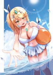 Rule 34 | 1girl, absurdres, alternate costume, ball, beachball, bikini, blonde hair, blue sky, breasts, chest jewel, cleavage, commentary request, day, highres, holding, holding ball, holding beachball, large breasts, light rays, long hair, looking at viewer, mythra (xenoblade), open mouth, outdoors, outstretched arm, outstretched hand, pillarboxed, reaching, reaching towards viewer, sky, smile, solo, swept bangs, swimsuit, taro (peach taro51), very long hair, xenoblade chronicles (series), xenoblade chronicles 2, yellow eyes