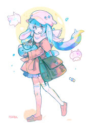 Rule 34 | 1girl, bag, blue eyes, blue hair, blue skirt, brown footwear, brown gloves, brown jacket, candy, commentary, fingerless gloves, food, full body, gloves, hat, highres, holding, holding food, holding pumpkin, holding vegetable, jack-o&#039;-lantern, jacket, loafers, octopus, original, pink hat, pink scarf, pleated skirt, pumpkin, scarf, shoes, simple background, skirt, solo, symbol-only commentary, tentacle hair, thighhighs, umbrella octopus, vegetable, wed (lim38869577), white background, white thighhighs