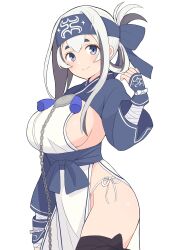 Rule 34 | 1girl, absurdres, ainu, ainu clothes, bandana, blue eyes, blue headband, breasts, chain, cowboy shot, cropped jacket, folded ponytail, fuminomino, fundoshi, hair between eyes, headband, highres, japanese clothes, kamoi (kancolle), kantai collection, large breasts, leg wrap, long hair, looking at viewer, pelvic curtain, sideboob, sidelocks, simple background, smile, solo, standing, thick eyebrows, white background, white hair, wrist guards