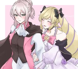 2girls ascot bare_shoulders black_bow black_choker blonde_hair blush bow cape choker closed_eyes closed_mouth dress drill_hair effie_(fire_emblem) effie_(valentine)_(fire_emblem) elise_(fire_emblem) elise_(valentine)_(fire_emblem) fire_emblem fire_emblem_fates fire_emblem_heroes green_eyes grey_hair hair_between_eyes hair_bow holding_another&#039;s_arm long_hair long_sleeves multicolored_hair multiple_girls nintendo official_alternate_costume open_mouth pants purple_hair sayaka_(fe_uma274) short_hair smile twin_drills twitter_username two-tone_hair upper_body very_long_hair vest white_ascot white_dress white_pants