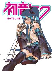 Rule 34 | 00s, 1girl, aqua eyes, aqua footwear, aqua hair, belt, black skirt, black sleeves, black thighhighs, breasts, cable, character name, detached sleeves, fingernails, hatsune miku, highres, long hair, lying, microphone, microphone stand, miniskirt, necktie, on side, shirt, shoes, sitting, skirt, sleeveless, sleeveless shirt, sleeves past wrists, small breasts, sneakers, solo, thighhighs, twintails, very long hair, vocaloid, xu sanchuan