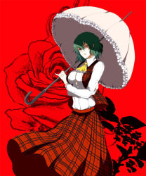 Rule 34 | 1girl, ascot, breasts, female focus, flower, frown, green hair, harano, impossible clothes, impossible shirt, kazami yuuka, large breasts, parasol, plaid, plaid skirt, plaid vest, red background, red eyes, red flower, red rose, rose, shade, shirt, short hair, skirt, skirt set, solo, touhou, umbrella, vest