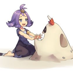 Rule 34 | 1girl, :3, acerola (pokemon), antenna hair, armlet, barefoot, blue eyes, blush, chorefuji, clover hair ornament, collarbone, creatures (company), dress, elite four, eye contact, flipped hair, four-leaf clover hair ornament, full body, game freak, gen 7 pokemon, hair ornament, looking at another, nintendo, open mouth, outstretched arms, pokemon, pokemon (creature), pokemon sm, purple hair, sand, sandygast, short hair, short sleeves, shovel, simple background, sitting, stitches, topknot, trial captain, wariza, white background, worktool