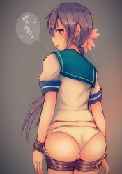 Rule 34 | 1girl, akebono (kancolle), ass, bell, bound, bound wrists, commentary request, flower, hair bell, hair flower, hair ornament, highres, kantai collection, katsuten, long hair, looking at viewer, no pants, panties, ponytail, purple eyes, purple hair, restrained, school uniform, serafuku, solo, sweatdrop, translated, underwear, wedgie, white panties