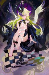 Rule 34 | 1girl, absurdres, barefoot, between toes, black cape, black headwear, breasts, cape, chess piece, creature, criss-cross halter, crown, feet, floating, flower, full body, grandia lee, green hair, halterneck, hand up, highres, horns, leg ribbon, legs, long hair, multicolored hair, open mouth, original, pink flower, purple hair, ribbon, single horn, small breasts, soles, solo, toes, weibo logo, white ribbon, white wings, wings
