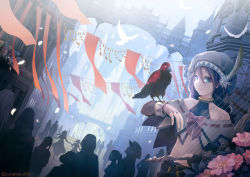 Rule 34 | 1girl, arch, banner, bare shoulders, bird, bird on hand, blue eyes, bow, bowtie, braid, castle, closed mouth, commentary request, crow, day, dove, dutch angle, fantasy, fingerless gloves, flower, gloves, hair between eyes, hat, hat feather, long hair, long sleeves, looking at viewer, original, outdoors, pink flower, sachi (yumemayoi), signature, smile, solo focus, twitter username