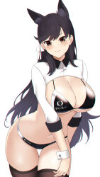 Rule 34 | 1girl, akagi koku, animal ears, atago (azur lane), atago (stunning speedster) (azur lane), azur lane, bikini, black bikini, black hair, black thighhighs, breasts, bridal gauntlets, cleavage, dog ears, extra ears, highres, large breasts, leaning forward, long hair, looking at viewer, mole, mole under eye, race queen, ribbon, shrug (clothing), simple background, solo, swept bangs, swimsuit, thighhighs, two-tone bikini, white background, white ribbon, wrist cuffs