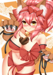 Rule 34 | 1girl, animal ear fluff, animal ears, animal hands, bell, breasts, candy, cat paws, chocolate, chocolate heart, chocolate on body, chocolate on breasts, cleavage, closed mouth, collar, commentary, commentary request, fangs, fate/grand order, fate (series), feather quilt, food, food on body, fox ears, fox girl, fox tail, gloves, hair ribbon, heart, highres, jingle bell, large breasts, long hair, looking at viewer, looking up, neck bell, paw gloves, pink hair, ponytail, red ribbon, ribbon, solo, tail, tamamo (fate), tamamo cat (fate), yellow eyes