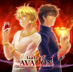 Rule 34 | 2boys, alcohol, blonde hair, bracelet, brown eyes, brown hair, chalice, command spell, cross, cross necklace, cup, drinking glass, fate/zero, fate (series), gilgamesh (fate), chalice, jewelry, kotomine kirei, magic circle, male focus, momopanda, multiple boys, necklace, official alternate costume, red eyes, wine, wine glass
