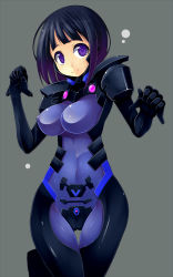 Rule 34 | 1girl, black hair, bodysuit, breasts, cameltoe, fortified suit, grey background, medium breasts, multicolored hair, muv-luv, muv-luv alternative, pilot suit, purple eyes, shachi kamaboko, simple background, skin tight, smile, solo, thigh gap, wide hips