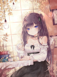 Rule 34 | 1girl, absurdres, bare shoulders, black bow, black choker, black skirt, blue eyes, book, bow, breasts, chair, choker, cleavage, closed mouth, collarbone, cup, expressionless, hair ribbon, highres, indoors, light bulb, long hair, long skirt, long sleeves, looking at viewer, medium breasts, mug, off shoulder, original, plant, pleated skirt, purple hair, ribbon, shirt, sitting, skirt, slit pupils, solo, table, two side up, very long hair, white shirt, yenshin (k5142204)