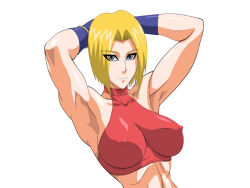 Rule 34 | 1girl, armpits, arms behind head, blonde hair, blue eyes, blue mary, closed mouth, collarbone, covered collarbone, covered erect nipples, fatal fury, female focus, gloves, hair intakes, lime (purple haze), looking at viewer, midriff, short hair, simple background, smile, snk, solo, the king of fighters, upper body, white background