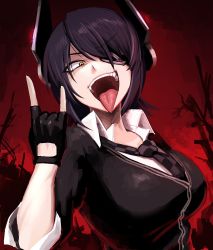 Rule 34 | 10s, 1girl, \m/, breasts, eyepatch, female focus, fingerless gloves, gloves, headgear, heavy metal, hetza (hellshock), kantai collection, large breasts, looking at viewer, necktie, open mouth, personification, purple hair, school uniform, short hair, smile, solo, tenryuu (kancolle), tongue, tongue out, yellow eyes