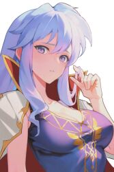 Rule 34 | 1girl, ahonoko, breasts, cape, cleavage, collar, commission, commissioner upload, fire emblem, fire emblem: genealogy of the holy war, hair down, twirling hair, ishtar (fire emblem), ishtar (fire emblem) (echoing thunder), medium breasts, nintendo, official alternate costume, purple eyes, purple hair, solo