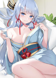 Rule 34 | 1girl, amco, ayaka (genshin impact), bare shoulders, blue eyes, blue hair, blunt bangs, blush, breasts, cleavage, couch, genshin impact, hair down, highres, japanese clothes, kimono, long hair, long sleeves, looking at viewer, medium breasts, mole, mole under eye, off shoulder, on couch, wide sleeves, yukata