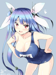 Rule 34 | 10s, 1girl, 2015, blue hair, breasts, cleavage, collarbone, cowboy shot, dated, dripping, gin&#039;ichi (akacia), hair ornament, hair ribbon, hand on own hip, highres, i-19 (kancolle), kantai collection, large breasts, leaning forward, long hair, looking at viewer, name tag, off shoulder, one-piece swimsuit, open mouth, red eyes, ribbon, school swimsuit, simple background, smile, solo, star-shaped pupils, star (symbol), swimsuit, symbol-shaped pupils, tri tails, twitter username, very long hair, wet, wet clothes, wet swimsuit