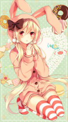 Rule 34 | 1girl, :o, animal ears, animal hood, blonde hair, candy wrapper, cookie, doughnut, food, hair ornament, hood, hoodie, kneeling, long hair, looking at viewer, low twintails, no shoes, original, pom pom (clothes), rabbit ears, rabbit hood, red eyes, solo, sprinkles, steepled fingers, striped clothes, striped thighhighs, thighhighs, tiptoes, toosaka asagi, twintails, very long hair, zettai ryouiki