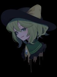 Rule 34 | 1girl, black background, black hat, buttons, close-up, collared shirt, commentary request, dark, diamond button, frilled shirt collar, frills, garasuno, green eyes, green hair, hair between eyes, hat, hat ribbon, highres, koishi day, komeiji koishi, looking at viewer, open mouth, portrait, ribbon, shirt, short hair, simple background, solo, touhou, yellow ribbon, yellow shirt