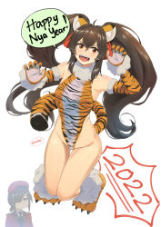 Rule 34 | 1boy, 1girl, 2022, alternate costume, animal costume, animal ears, animal print, blush, breasts, brown hair, closed mouth, commander (girls&#039; frontline), fake animal ears, fangs, fangs out, girls&#039; frontline, hair over one eye, happy new year, highres, jumping, kion-kun, long hair, looking at viewer, medium breasts, new year, open mouth, orange eyes, paw pose, tail, tiger costume, tiger ears, tiger print, tiger tail, twintails, twitter username, type 97 (girls&#039; frontline), white background