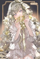 Rule 34 | 1girl, absurdres, apple, blue eyes, bow, candle, christmas, christmas ornaments, closed mouth, commentary, dated, dress, english commentary, english text, flower, food, framed, fruit, garter straps, gold trim, grey hair, hair bow, hairband, hands up, highres, holding, long hair, looking at viewer, merry christmas, neck ribbon, original, pinecone, poppoman, puffy short sleeves, puffy sleeves, ribbon, short sleeves, smile, snowflakes, solo, star (symbol), very long hair, white bow, white dress, white flower, white hairband, white ribbon, wide sleeves