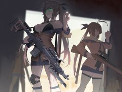 Rule 34 | 3girls, adapted costume, alternate eye color, antenna hair, bare shoulders, battle rifle, breasts, brown hair, commentary, english commentary, girls&#039; frontline, glowing, glowing eyes, gradient hair, green eyes, grin, gun, long hair, m14, m14 (girls&#039; frontline), m39 emr, medium breasts, multicolored hair, multiple girls, multiple persona, off shoulder, orange eyes, pleated skirt, rifle, sidelocks, skindentation, skirt, smile, thighhighs, twintails, very long hair, warashi, weapon