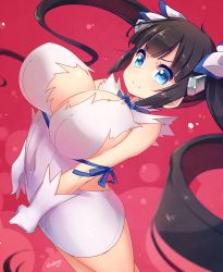 Rule 34 | 10s, 1girl, arm ribbon, artist name, bare shoulders, black hair, blue eyes, blueberry (5959), bow, bowtie, breasts, cleavage, cleavage cutout, clothing cutout, cowboy shot, dress, dungeon ni deai wo motomeru no wa machigatteiru darou ka, elbow gloves, gloves, hair ornament, hair ribbon, hestia (danmachi), huge breasts, long hair, looking at viewer, open mouth, rei no himo, ribbon, short dress, sleeveless, sleeveless dress, smile, solo, twintails, white dress, white gloves