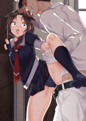 Rule 34 | 1girl, absurdres, admiral (kancolle), ahoge, black gloves, black panties, black serafuku, black socks, blue eyes, blush, braid, brown hair, cameltoe, commentary request, crying, crying with eyes open, fingerless gloves, gloves, grabbing another&#039;s hair, hair flaps, hair over shoulder, hair ribbon, highres, imminent rape, jack dempa, kantai collection, kneehighs, leg lift, leg up, long hair, looking at another, military, military uniform, naval uniform, neckerchief, no shoes, open mouth, panties, pantyshot, pleated skirt, red neckerchief, remodel (kantai collection), ribbon, saliva, scared, school uniform, serafuku, shigure (kancolle), single braid, skirt, socks, solo focus, spread legs, standing, standing on one leg, sweat, tears, tongue, tongue out, underwear, uniform, white gloves, wide-eyed