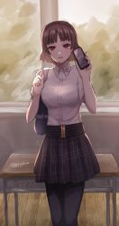 Rule 34 | 1girl, black pantyhose, braid, breasts, brown hair, cellphone, classroom, commentary request, crown braid, desk, highres, holding, holding phone, indoors, looking at viewer, medium breasts, niijima makoto, on desk, pantyhose, persona, persona 5, phone, pppppknw, red eyes, red hair, school uniform, short hair, shuujin academy school uniform, sitting, on desk, skirt, smartphone, smile, solo, standing