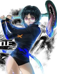 Rule 34 | 1girl, :o, black hair, black panties, black sweater, blood, blood on clothes, blood on face, bloody weapon, blue blood, blue hair, bracelet, breasts, colored blood, colored tips, cowboy shot, cross, cross necklace, flipped hair, glasses, hands up, heavenmole, highres, holding, holding weapon, hunter x hunter, inverted cross, jewelry, looking at viewer, multicolored hair, necklace, no pants, over-rim eyewear, panties, puckered lips, purple eyes, semi-rimless eyewear, shizuku murasaki, short hair, sleeves past wrists, solo, streaked hair, sweater, swinging, tongue, tongue out, turtleneck, turtleneck sweater, underwear, vacuum cleaner, weapon, white background